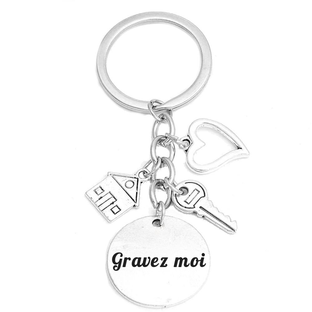 Porte-clés Maison Cœur Clé Personnalisé Gravé – Cadeau Emménagement, Couple ou Nouveau Foyer 1 Porte-clés Maison & Cœur gravé
