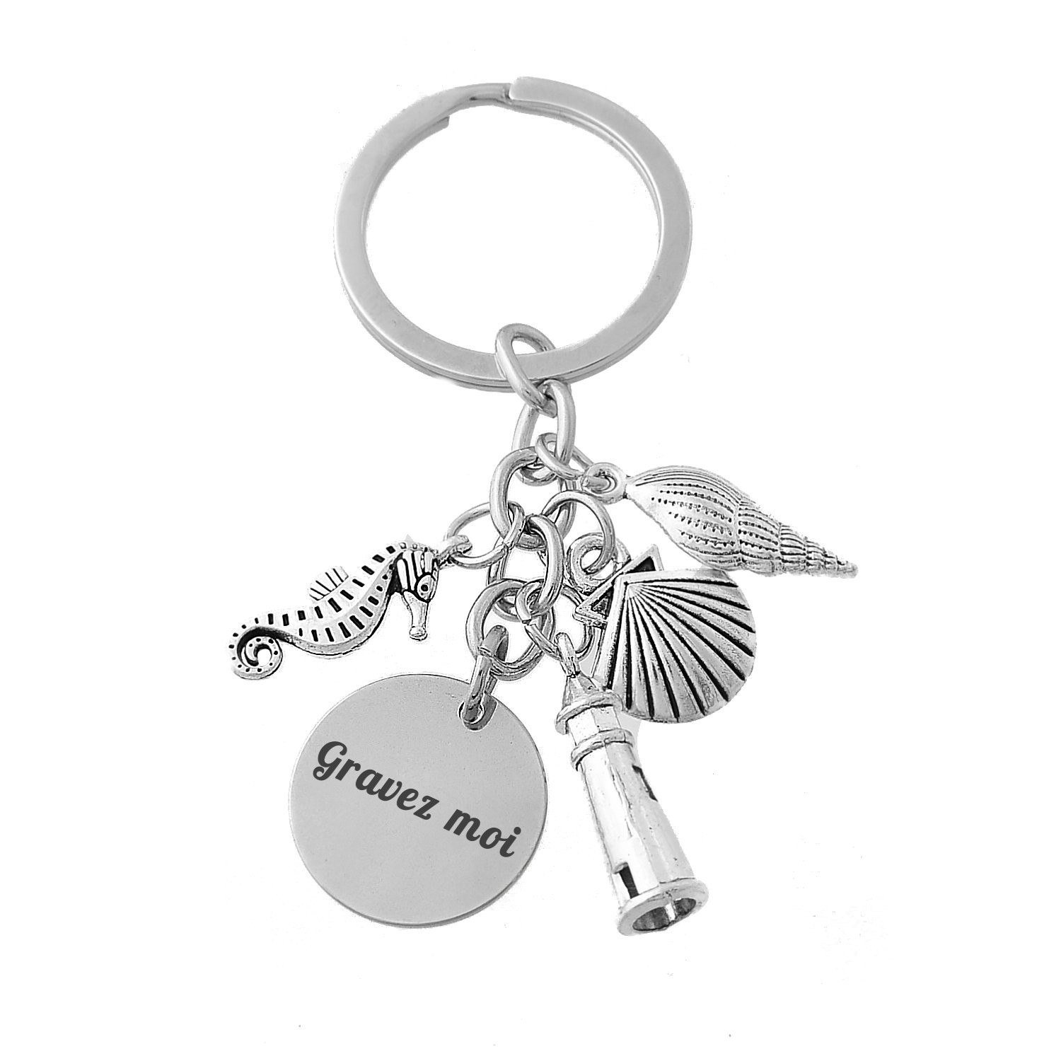 Porte-clés Mer & Océan Personnalisé Gravé – Cadeau Vacances, Plage ou Amoureux de la Mer 1 Porte-clés Mer gravé — coquillage phare