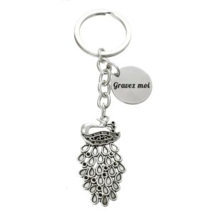 Porte-clés Paon gravé — Queue Déployée Cadeau Élégance Personnalisé Métal