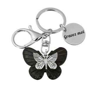 Porte-clés Papillon gravé — Bijou de Sac Noir Argenté Cadeau Femme Personnalisé