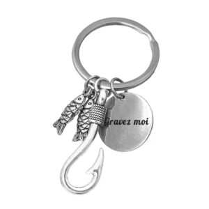 Porte-clés Pêche gravé — hameçon et poissons