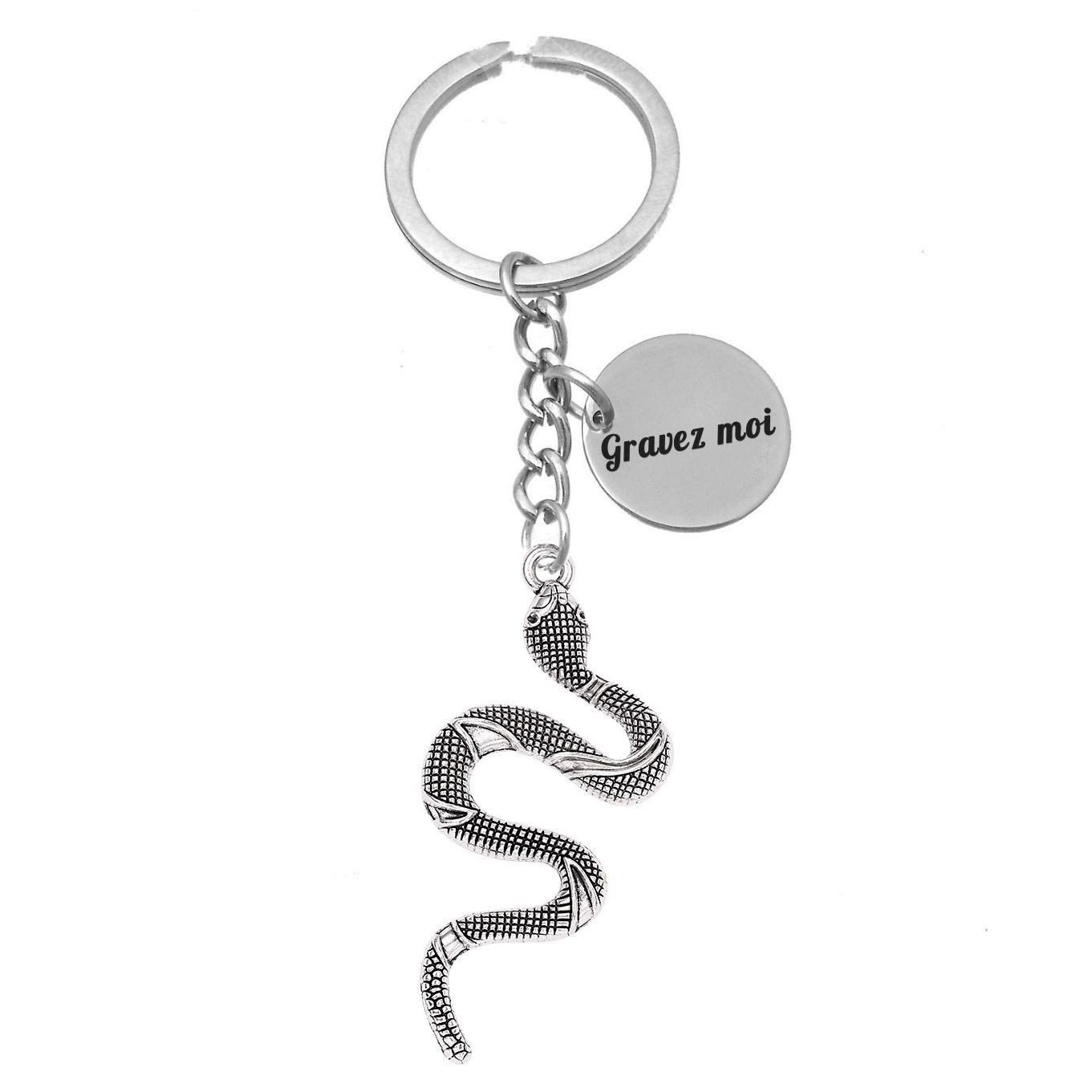 Porte-clés Serpent gravé — Grand Format Cadeau Reptile Personnalisé Métal Argenté 1 Porte-clés Serpent gravé