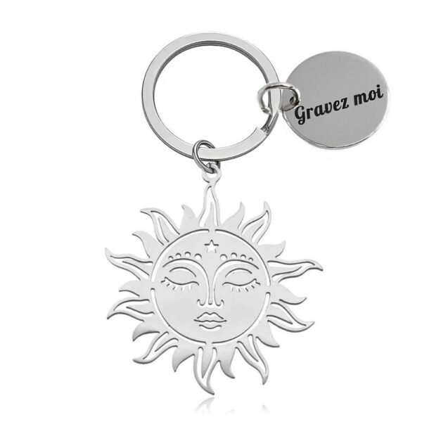Porte-clés Soleil Mystique gravé — Cadeau Spirituel Personnalisé en Acier