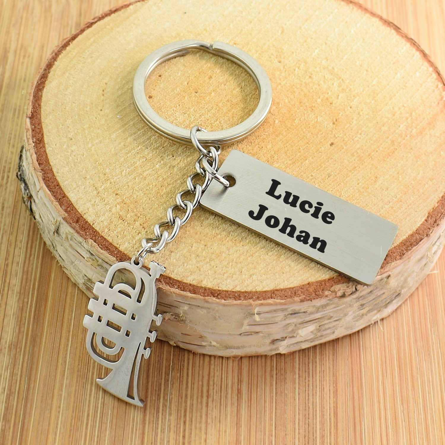 Porte-clés Trompette gravé — Plaque 2 Lignes Cadeau Musicien Fanfare Personnalisé Acier 3 Porte-clés Trompette Origami gravé — plaque acier