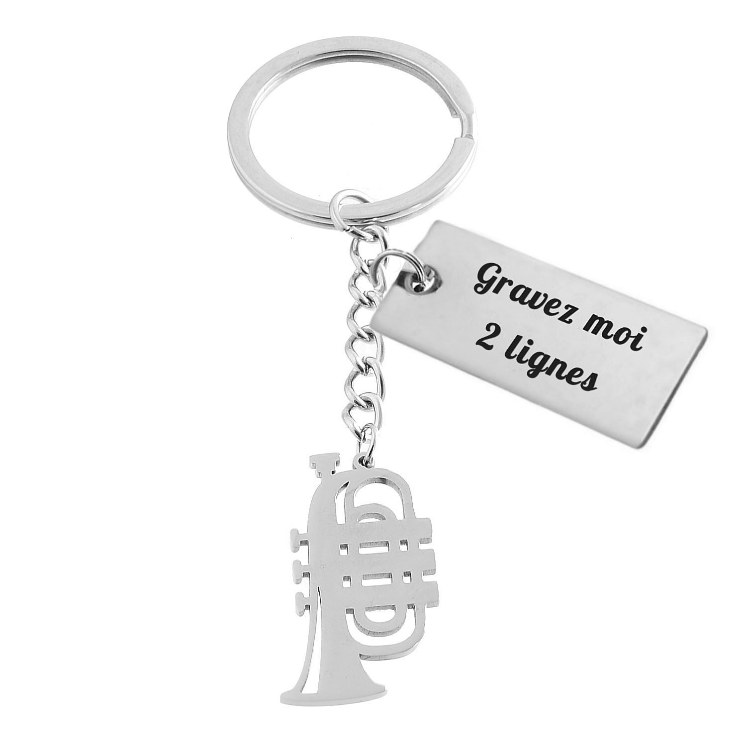Porte-clés Trompette gravé — Plaque 2 Lignes Cadeau Musicien Fanfare Personnalisé Acier 1 Porte-clés Trompette Origami gravé — plaque acier