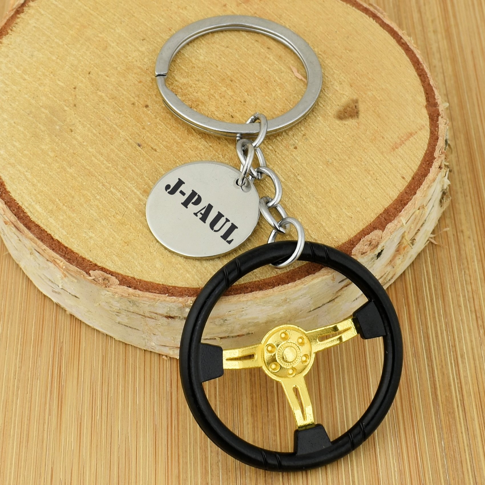 Porte-clés Volant de Course gravé — Noir et Doré Cadeau Automobile Pilote Personnalisé Métal 3 Porte-clés Volant de Voiture gravé — noir