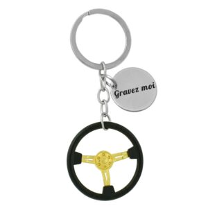 Porte-clés Volant de Course gravé — Noir et Doré Cadeau Automobile Pilote Personnalisé Métal