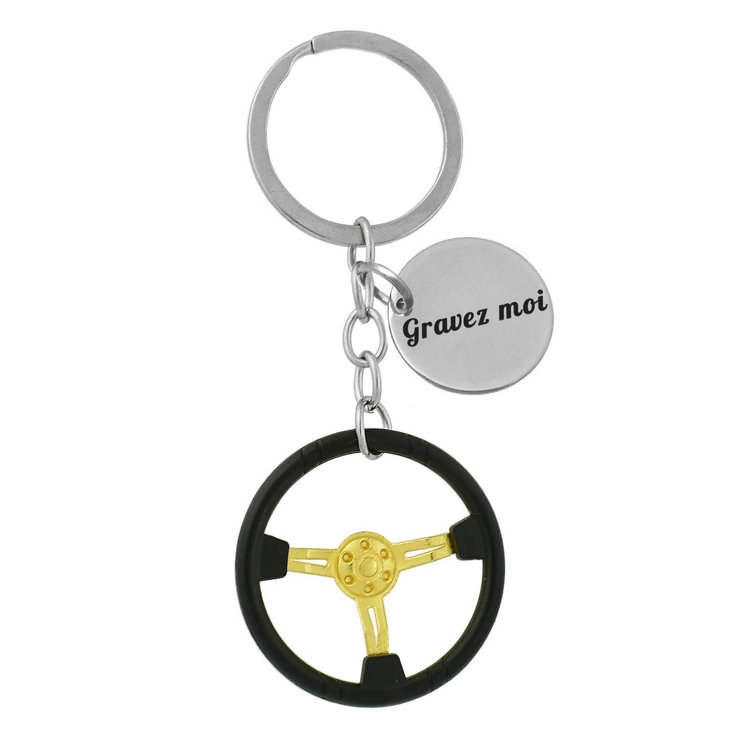Porte-clés Volant de Course gravé — Noir et Doré Cadeau Automobile Pilote Personnalisé Métal 1 Porte-clés Volant de Voiture gravé — noir