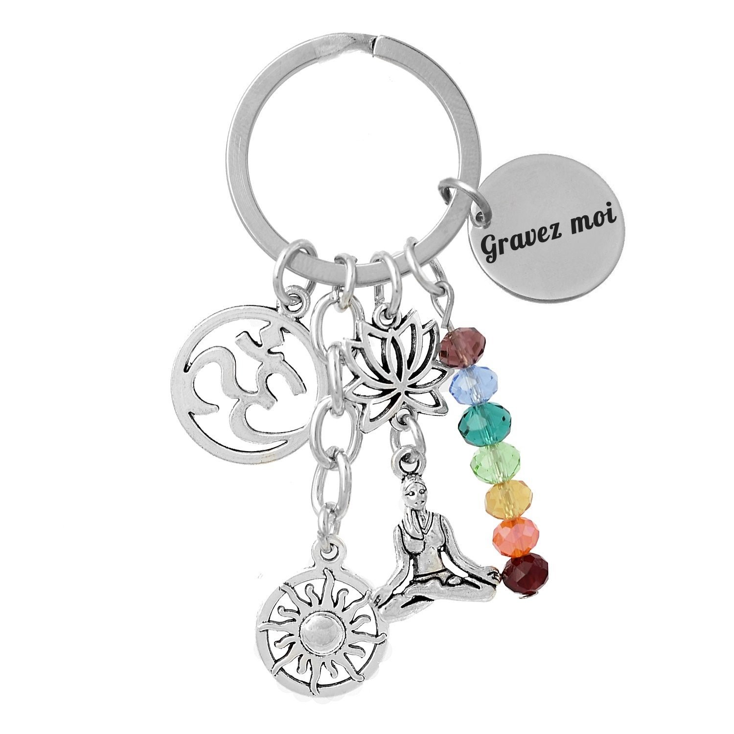 Porte-clés Yoga gravé — Om Lotus Chakras Cadeau Méditation Personnalisé Métal Argenté 1 Porte-clés Yoga gravé — 7 chakras lotus