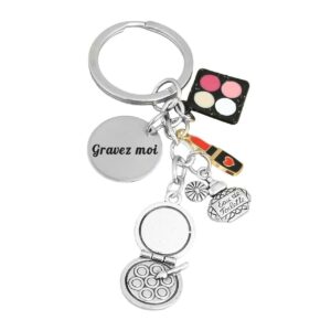 Porte-clés beauté maquillage esthétique argenté gravure personnalisée sur médaille