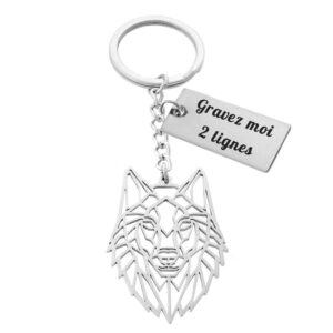 Porte-clés Loup gravé — Tête géométrique & Plaque personnalisée sur 2 lignes