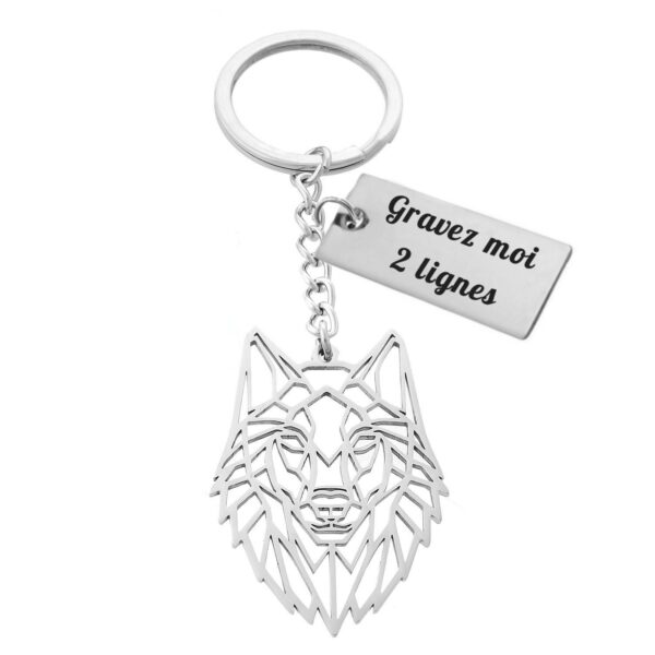 Porte-clés Loup gravé — Tête géométrique & Plaque personnalisée sur 2 lignes